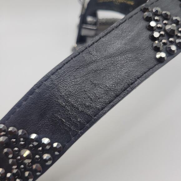 Black Leather Belt Med Western Cowgirl Rhinestone Buckle Studs Boho Rodeo Bling main image 4